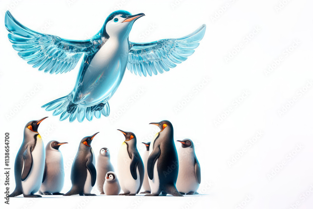 Naklejka premium An icy penguin hovers in the sky above a group of penguins. Space for text.