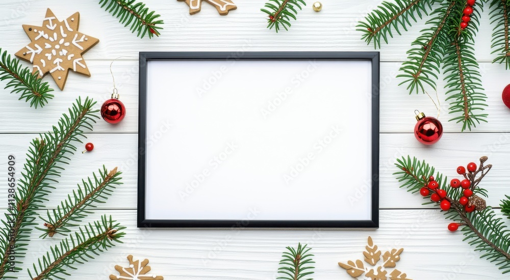 Christmas decorations and a picture frame on a white wooden table, space for text