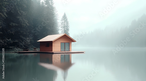 Nestled by a calm lake, a cozy cabin reflects on the water's surface surrounded by tall trees. Morning mist creates a soothing atmosphere for leisure and relaxation photo