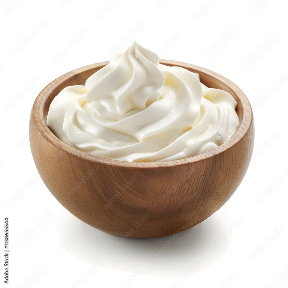 Wooden bowl with tasty sour cream isolated on white background, closeup Wooden bowl with tasty sour cream isolated on white background, closeup