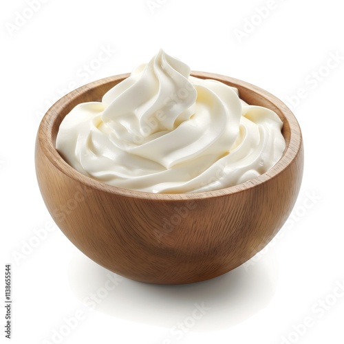 Wooden bowl with tasty sour cream isolated on white background, closeup