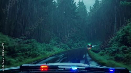 Police car chase through rainy forest road at night. Emergency vehicle pursuit. Rescue operation concept. Law enforcement
