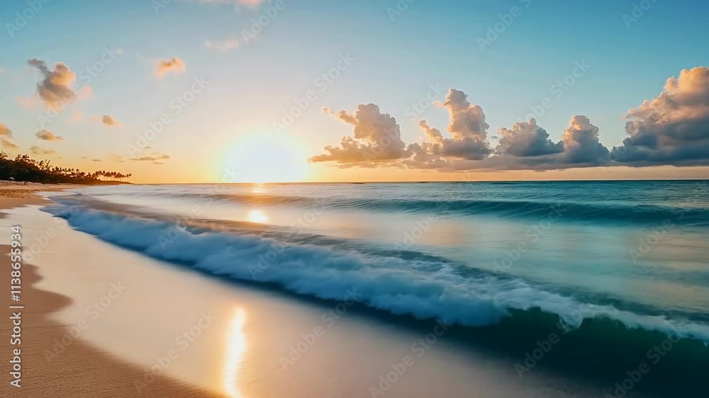 Sunset view over calm beach waves with vibrant clouds on a tranquil evening by the ocean Sunset view over calm beach waves with vibrant clouds on a tranquil evening by the ocean