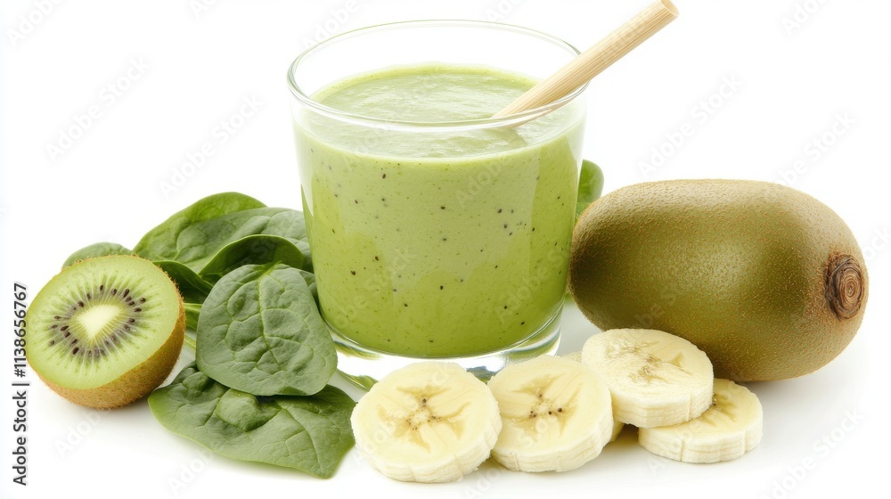 Fresh Green Smoothie in Clear Glass with Bamboo Straw Fresh Green Smoothie in Clear Glass with Bamboo Straw