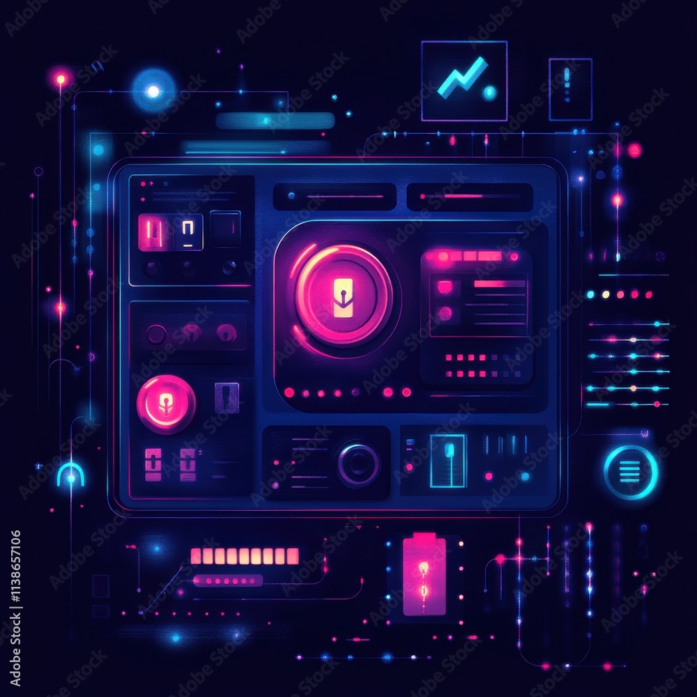 Fototapeta premium Futuristic digital dashboard with vibrant neon colors and advanced data analytics, showcasing technology and innovation.