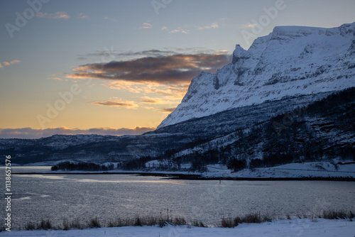 Winter landscape with a fjord and mountains,, Norway photo