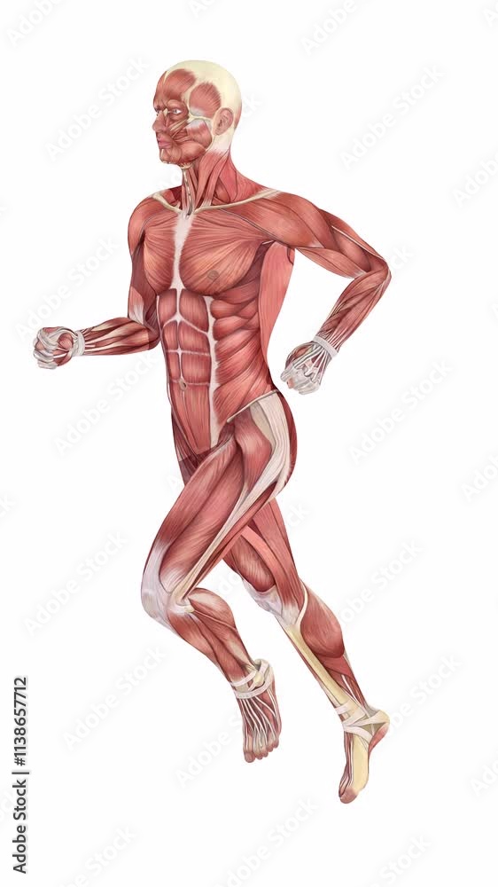 3d animation of anatomical figure of a running man. In several sequences, showing the anatomy of the muscle mass, the transparent glass interior and the skeleton. On a white and blue background. 3d animation of anatomical figure of a running man. In several sequences, showing the anatomy of the muscle mass, the transparent glass interior and the skeleton. On a white and blue background.