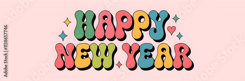 Happy New Year text in colorful retro bubble font with stars and hearts, vintage typography design on pastel pink background