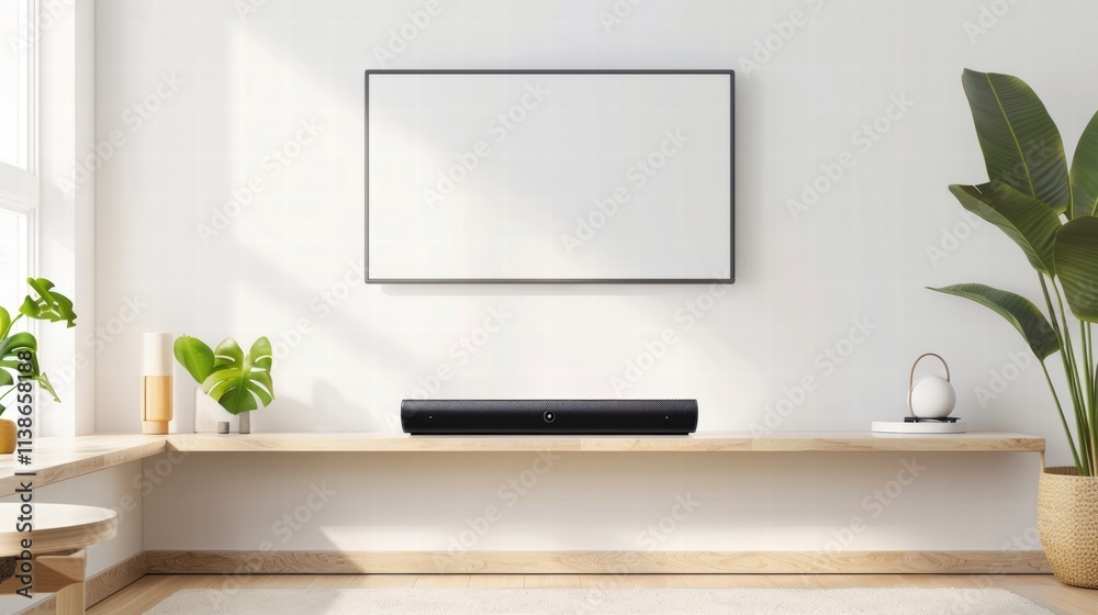 Modern living room with soundbar, TV, and plants. Modern living room with soundbar, TV, and plants.