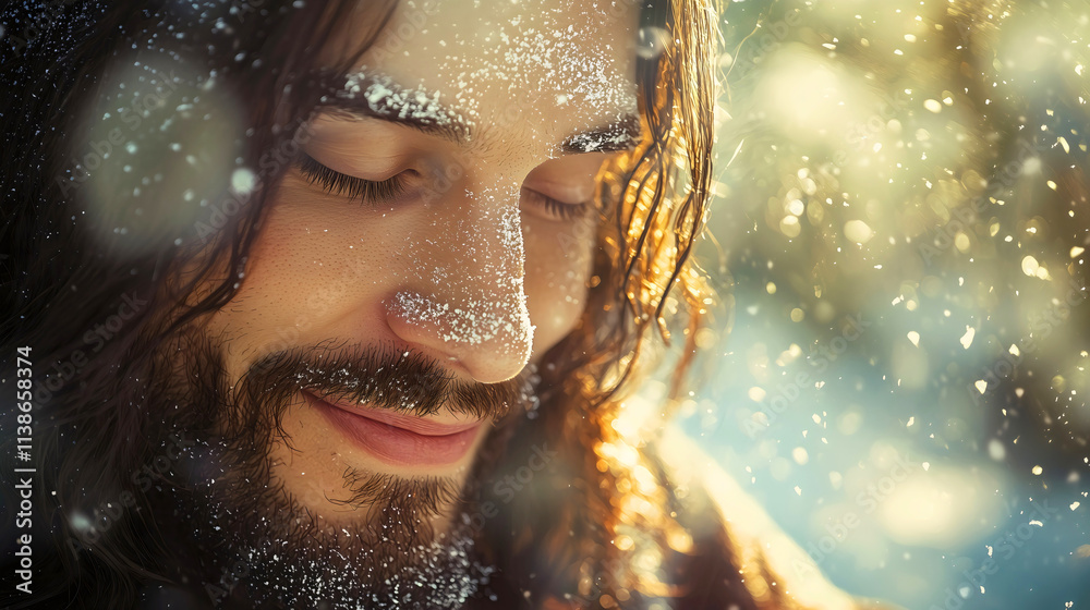 Jesus Christ, enjoying a snowy day with a wide smile on his face, as snow gently covers his face. He is illuminated by the whiteness of the winter holidays. Jesus Christ, enjoying a snowy day with a wide smile on his face, as snow gently covers his face. He is illuminated by the whiteness of the winter holidays.