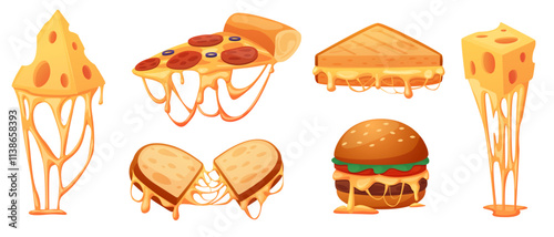 Cheese sandwiches. Melting cheese on pizza burger sandwich. Tasty food, fast food with dripping cheddar mozzarella emmental sauce, nowaday vector set