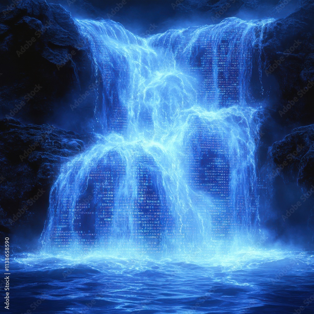 A stunning digital waterfall illuminated in blue, cascading over dark rocky cliffs with a backdrop of glowing binary code. A stunning digital waterfall illuminated in blue, cascading over dark rocky cliffs with a backdrop of glowing binary code.
