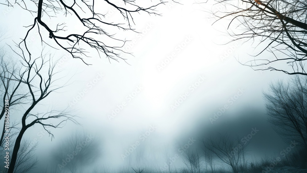 Obraz premium Misty forest, bare trees, silhouettes, foggy landscape, eerie atmosphere, monochromatic, blue tones, minimalist composition, ethereal scene, mysterious mood, winter branches, tranquil water reflection