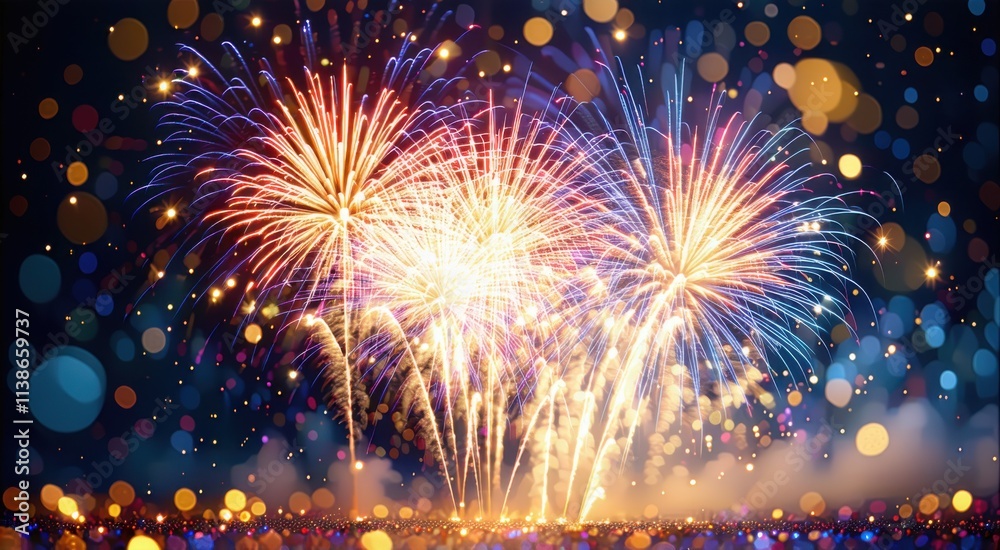 Fototapeta premium Fireworks are lit up in the night sky with bright lights