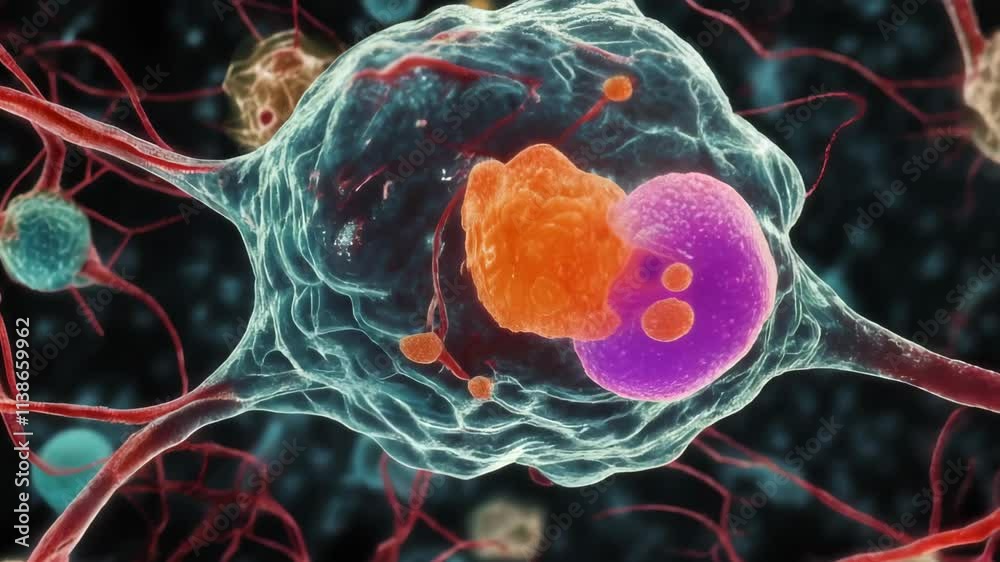 Microscopic view of immune cells attacking a neuron with amyloid plaques. This medical animation shows the complex interaction between the immune system and the nervous system
