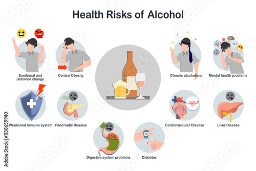 Flat medical illustration in concept of health risks from regular alcohol consumption.