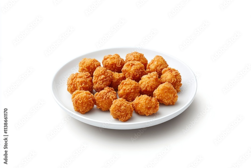 Plate with tasty fried popcorn chicken on white background Plate with tasty fried popcorn chicken on white background
