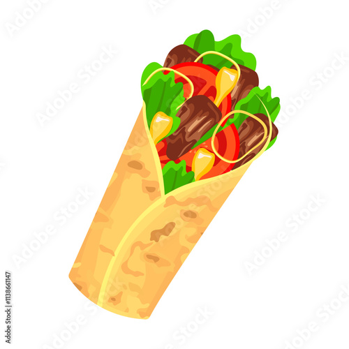 Shawarma or kebab wrap. Delicious fast food vector isolated on white.