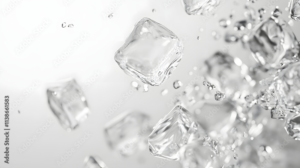 Crystal-clear ice cubes floating mid-air with detailed textures and water droplets against a clean white background, emphasizing their transparency and freshness. . Crystal-clear ice cubes floating mid-air with detailed textures and water droplets against a clean white background, emphasizing their transparency and freshness. .