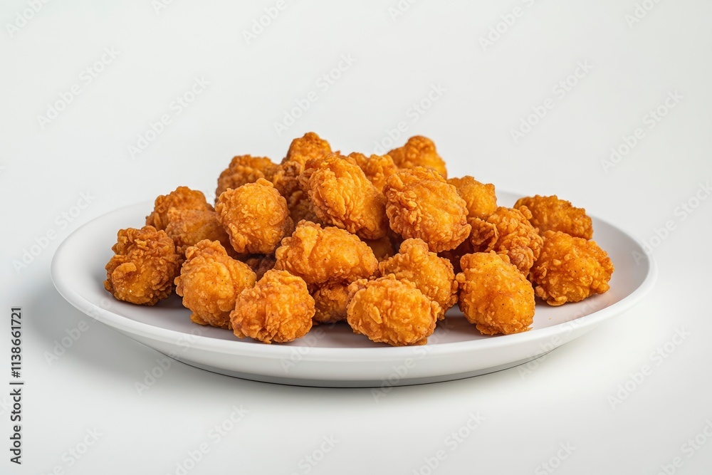 Plate with tasty fried popcorn chicken on white background Plate with tasty fried popcorn chicken on white background