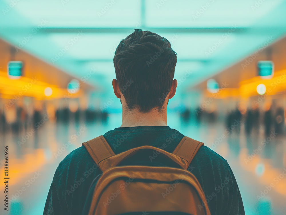 Fototapeta premium traveler with backpack stands in airport terminal, gazing ahead with anticipation for journey
