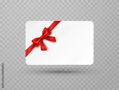 Plastic or paper business card and red bow isolated on transparent background. Vector blank sticker, label, banner template with transparent shadow