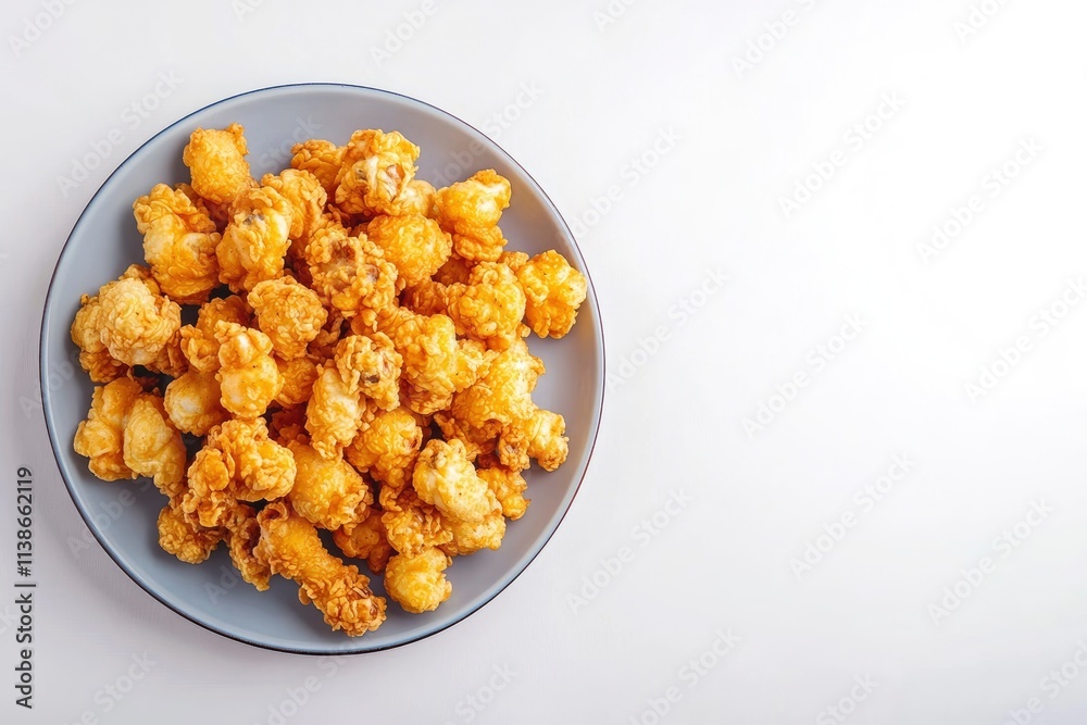 Plate with tasty fried popcorn chicken on white background Plate with tasty fried popcorn chicken on white background