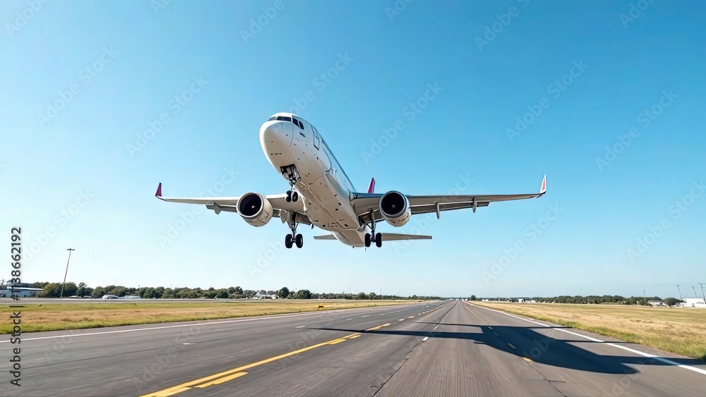 Modern airplane taking off under a clear blue sky, captured from the edge of the airport runway