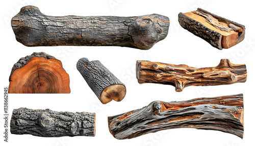 A collection of natural wooden logs featuring detailed bark textures, grains, and rustic patterns. Ideal for design projects. Transparent PNG. photo