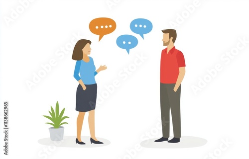 A woman in professional attire is talking to an adult man, a flat design illustration with a white background and minimalistic elements around them Generative AI