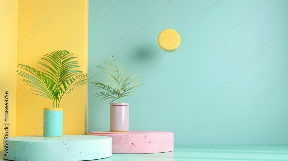 Colorful pastel composition with plants and geometric shapes