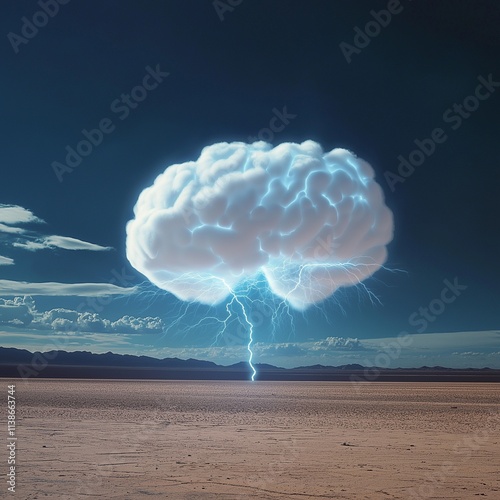 Brain in the Sky: A majestic cloud, shaped like a human brain, illuminates the vast desert landscape. This surreal scene symbolizes intellectual power and the potential for groundbreaking ideas. photo