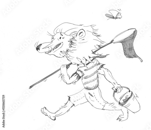 A lion walks and carries a bucket and a net in his hands. A lion goes fishing.