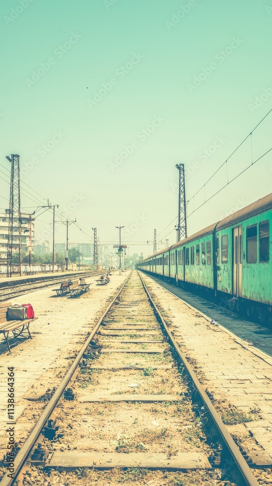 Fototapeta premium A railway track with a green train under a clear sky.