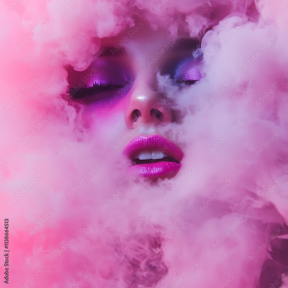 A woman with vibrant makeup and pink smoke A woman with vibrant makeup and pink smoke