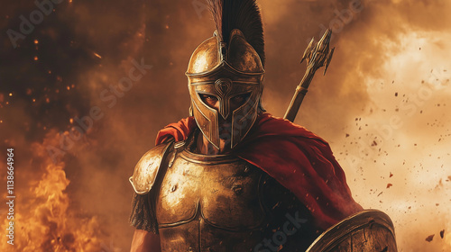 spartan warrior battlepose in a smoky fiery battlefield background photo