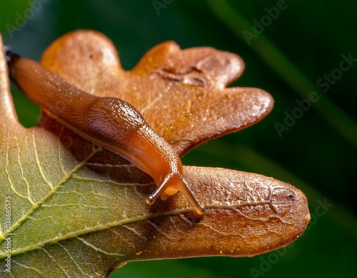 Reddish-Brown Slug on Oak Leaf photo