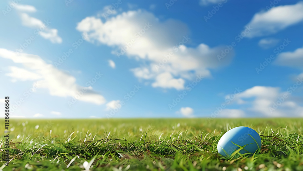 Single blue Easter egg in green grass