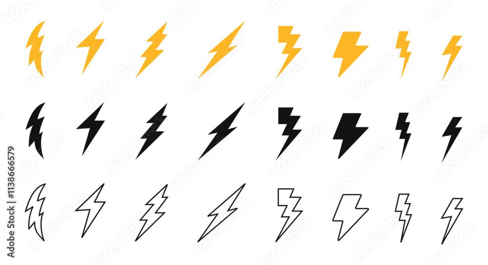 Electric icons set: Collection of lightning bolt symbols, flash icons, and electric logos in a bold, modern style. Vector illustration. Electric icons set: Collection of lightning bolt symbols, flash icons, and electric logos in a bold, modern style. Vector illustration.