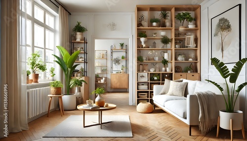 Lush Bookshelf and White Armchair