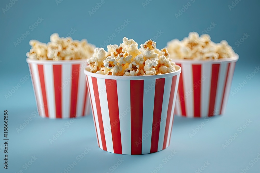Popcorn box. Red and white striped buckets of popcorn on a blue background. Cinema and entertainment concept. Movie night with popcorn. Cheesy popcorn. Delicious appetizer, snack. Place for text. Popcorn box. Red and white striped buckets of popcorn on a blue background. Cinema and entertainment concept. Movie night with popcorn. Cheesy popcorn. Delicious appetizer, snack. Place for text.