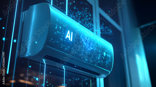 AI air conditioner adjusting temperature with glowing AI feedback
