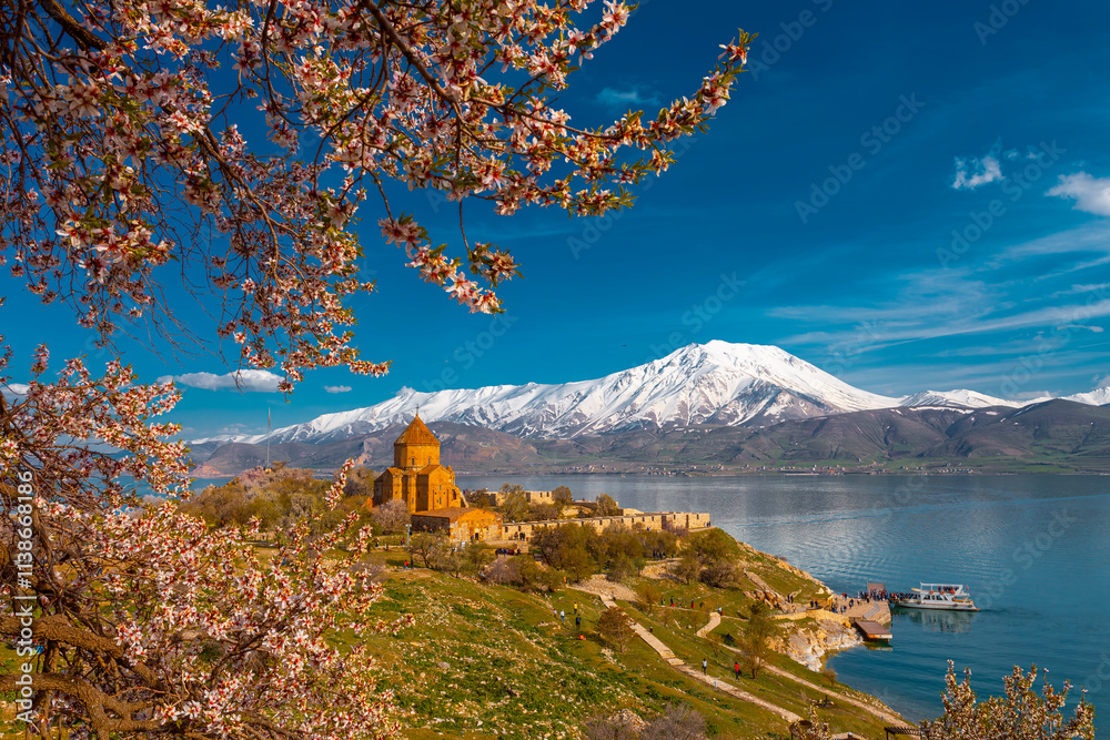 Akdamar Island in Van Lake. The Armenian Cathedral Church of the Holy Cross - Akdamar, Turkey
