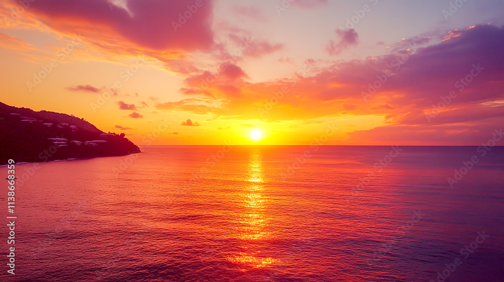 Naklejka premium Stunning sunset over the tranquil ocean, painting the sky in vibrant hues of orange and pink