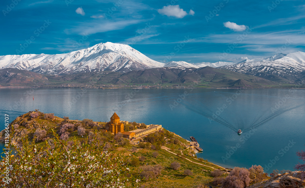 Akdamar Island in Van Lake. The Armenian Cathedral Church of the Holy Cross - Akdamar, Turkey