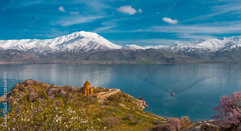 Akdamar Island in Van Lake. The Armenian Cathedral Church of the Holy Cross - Akdamar, Turkey