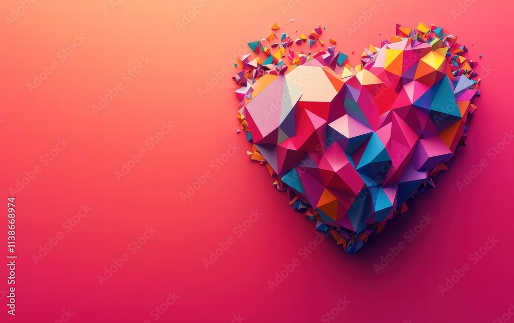 An abstract heart composed of colorful geometric patterns, glowing on a hot pink background