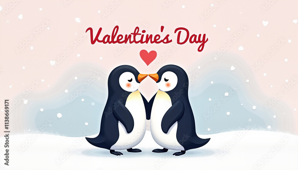 Obraz premium Two penguins touching beaks with a heart for Valentine's Day