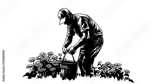Farmer harvesting fresh-cut zinnias from field, Plant Digital Art