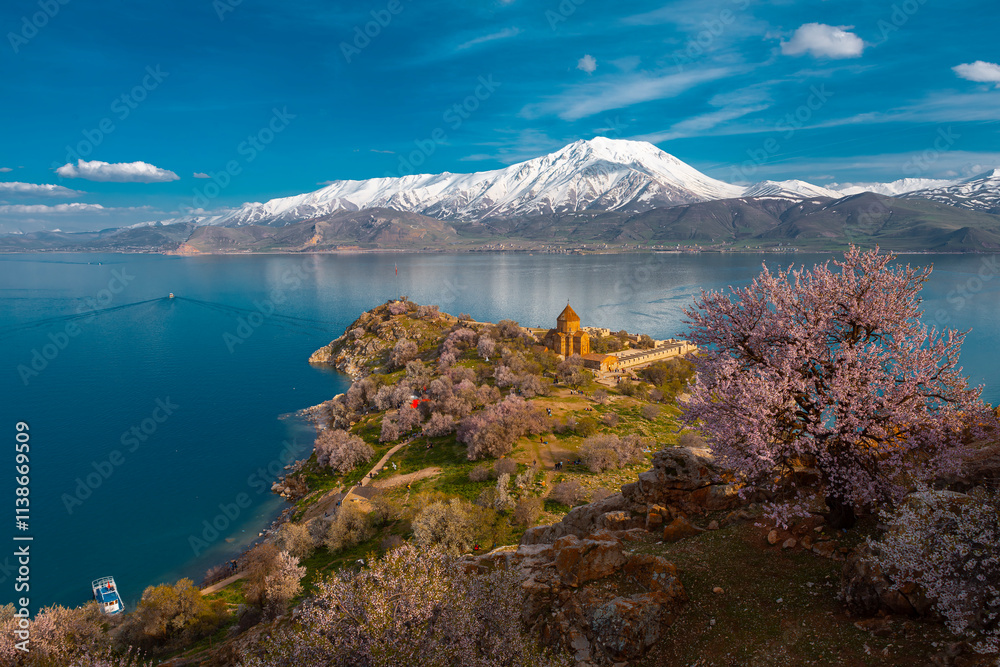 Akdamar Island in Van Lake. The Armenian Cathedral Church of the Holy Cross - Akdamar, Turkey